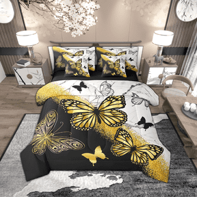 Manfei Gold Black Butterfly 7pcs Bedding King Size, Aesthetic Marble Comforter Sets with Sheets, Wild Animal Bed Set, Microfiber Room Decor