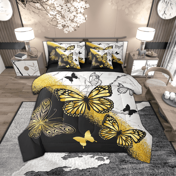 Manfei Gold Black Butterfly 7pcs Bedding Queen Size, Aesthetic Marble Comforter Sets with Sheets, Wild Animal Bed Set, Microfiber Room Decor