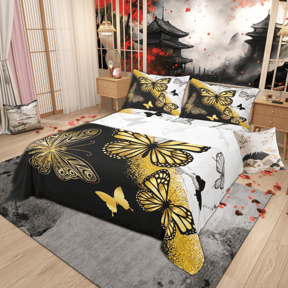 Manfei Gold Black Butterfly Bed Sheets Twin, Aesthetic Marble Bedding Twin Size, Wild Animal Bedroom Set, Microfiber Room Decor, Top Sheet + Fitted Sheet + Pillowcase