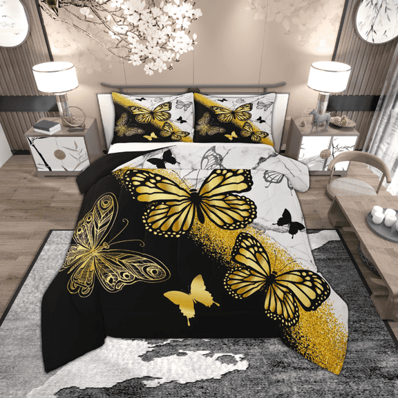 Manfei Gold Black Butterfly Bedding Sets Full with Comforter, Aesthetic Marble Duvet Insert, Wild Animal Comforter Sets Full Size, Microfiber Room Decor, 3pcs Reversible
