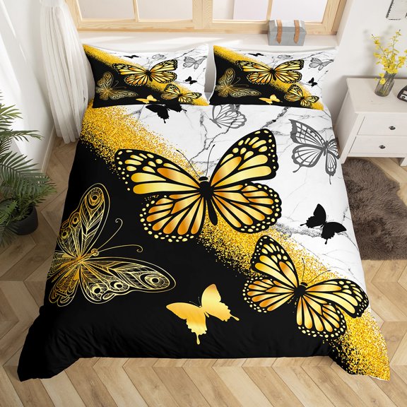 Manfei Gold Black Butterfly Duvet Cover Toddler, Aesthetic Marble Bedding Sets Toddler Size, Wild Animal Comforter Cover Toddler, Microfiber Room Decor, Zipper Closure and Reversible 2 Pieces