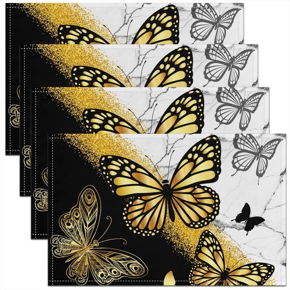 Manfei Gold Black Butterfly Place Mats Set of 4 for in Door Dinning, Aesthetic Marble Table Place Mats for in Door Dining, Wild Animal Table Mats for Dining Table, Stylish Room Decor