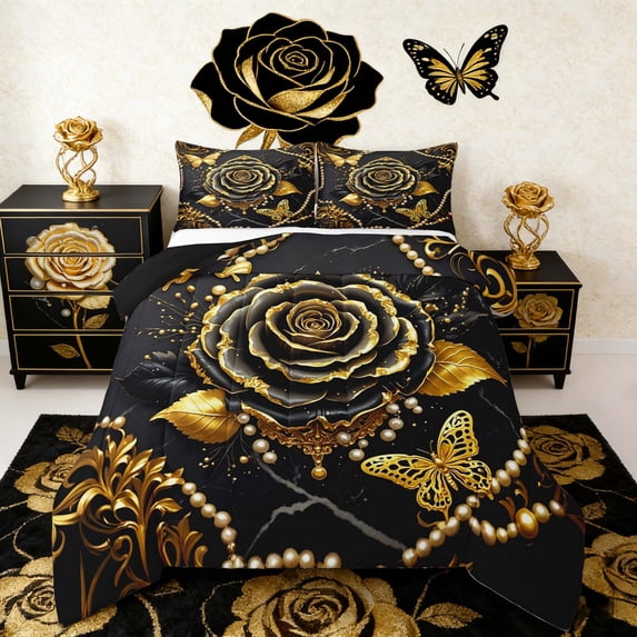 Manfei Gold Black Rose Bedding Full Comforter Set for Girls Women, Bohemian Damask Pearl Down Comforter, Butterfly Bedding Sets Full with Comforter, Lightweight Room Decorative, 3 Pieces Reversible