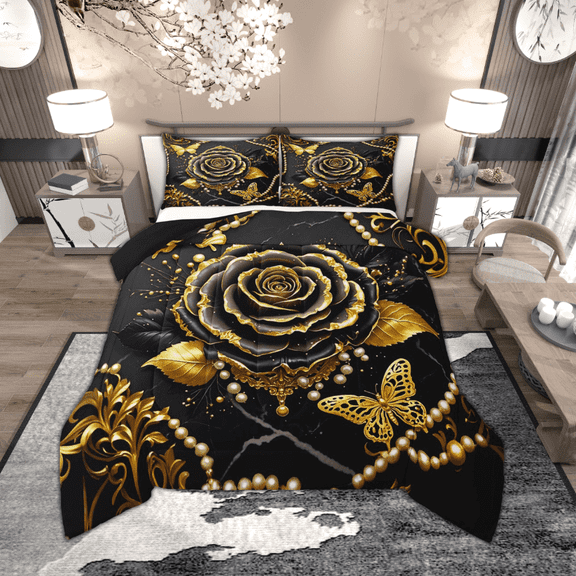 Manfei Gold Black Rose Bedding Full Comforter Set for Girls Women, Bohemian Damask Pearl Down Comforter, Butterfly Bedding Sets Full with Comforter, Lightweight Room Decorative, 3 Pieces Reversible