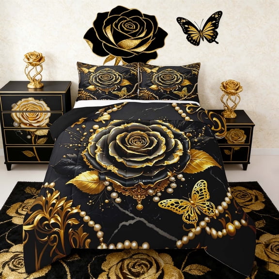 Manfei Gold Black Rose Bedding Sets Toddler with Comforter for Girls Women, Bohemian Damask Pearl Duvet Insert, Butterfly Comforter Sets Toddler Size, Lightweight Room Decorative, 2pcs Reversible