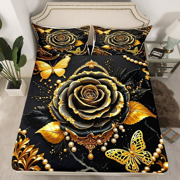 Manfei Gold Black Rose Fitted Sheet Set Twin for Girls Women, Bohemian Damask Pearl Bedroom Set, Butterfly Bedroom Accessories, Lightweight Room Decorative, 2-Piece