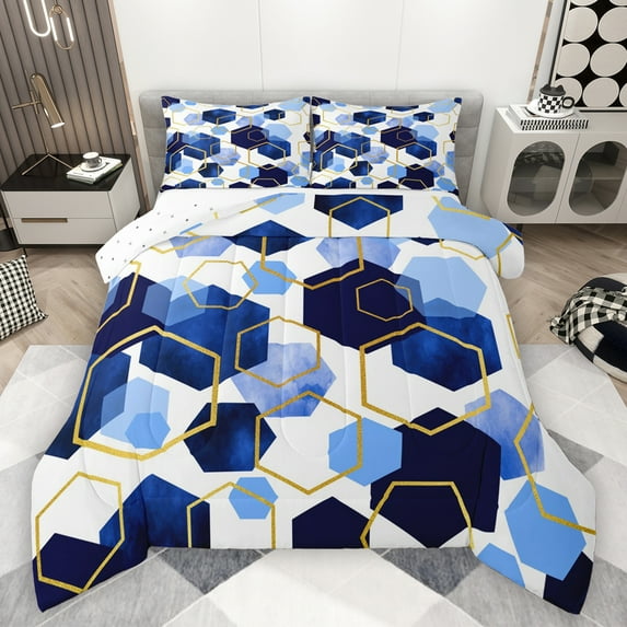 Manfei Gold Blue Hexagomn Bedding Comforter Set,Watercolor Honeycomb Pattern Twin Comforter Sets,Modern Geometric Bedding Set For Girls Kids,Breathable Home Decor Reversible,2-Piece