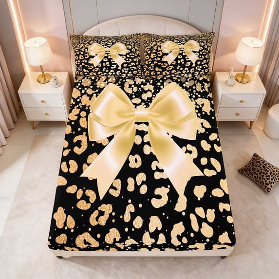 Gold Rbion Manfei Gold Bow Leopard Fitted Sheet, Golden Ribbon Print Queen ...