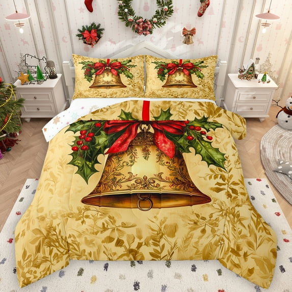 Manfei Gold Christmas Bell Queen Comforter Set,Merry Xmas Bedding Sets,Red Bowtie Rustic Flower Bedding Comforter Set For Kids,Breathable Home Decor Reversible,3pcs