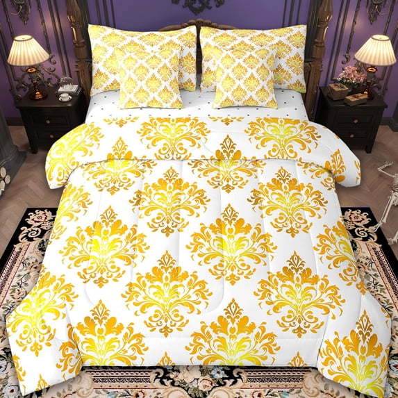 Manfei Gold Damask Flowers 7 Pieces Bedding Comforter Set,Rustic Victorian Floral Full Bedding Set,Vintage Baroque Pint Fitted Sheet Flat Sheet For Adult,Luxury Bedroom Decor Reversible
