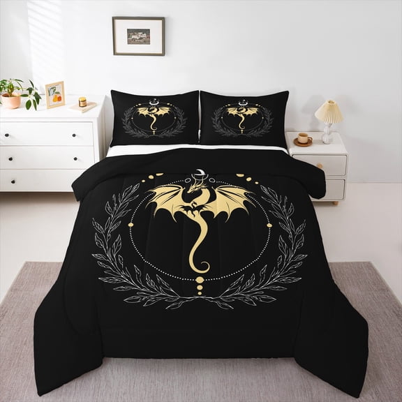 Manfei Gold Dragon Bedding Sets Queen with Comforter,Magic Animal Duvet Insert,Fantasy Aesthetic Comforter Sets Queen Size,Microfiber Room Decoration Reversible,3pcs
