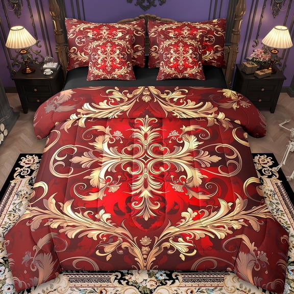 Manfei Gold Gothic Damask 7pcs Bedding Comforter Set,Retro Victorian Floral Queen Bedding Sets,bohemian Exotic Style Queen Sheet Sets For Adults,Microfiber Bedroom Decor Reversible