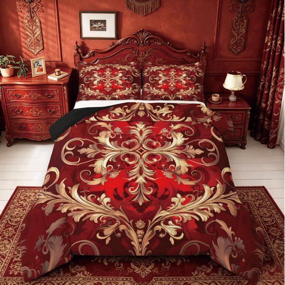 Manfei Gold Gothic Damask Bedding Comforter Set,Retro Victorian Floral Twin Comforter Sets,bohemian Exotic Style Bedding Set For Adults,Microfiber Bedroom Decor Reversible,2 Pieces