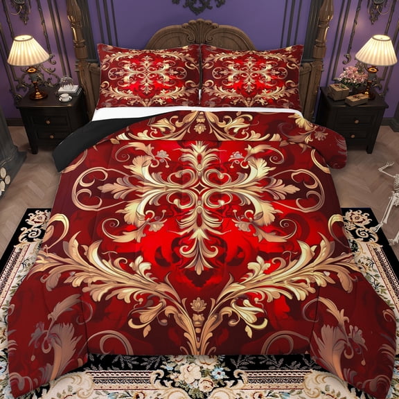 Manfei Gold Gothic Damask Queen Comforter Set,Retro Victorian Floral Bedding Sets,Bohemain Exotic Style Bedding Comforter Set For Adults,Microfiber Bedroom Decor Reversible,3-Piece
