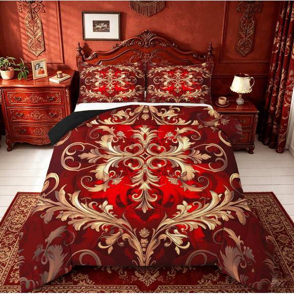 Manfei Gold Gothic Damask Queen Comforter Set,Retro Victorian Floral Bedding Sets,Bohemain Exotic Style Bedding Comforter Set For Adults,Microfiber Bedroom Decor Reversible,3-Piece