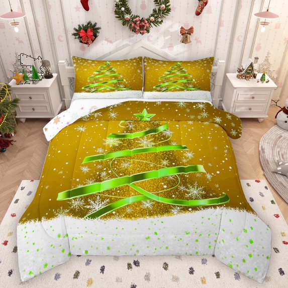 Homewish Gold Green Xmas Tree Full Size Comforter Sets, Happy New Year Bedding Comforter Set, Teens Kids Boys Girls Reversible Bedding Sets, Lightweight Room Decor, 3pcs