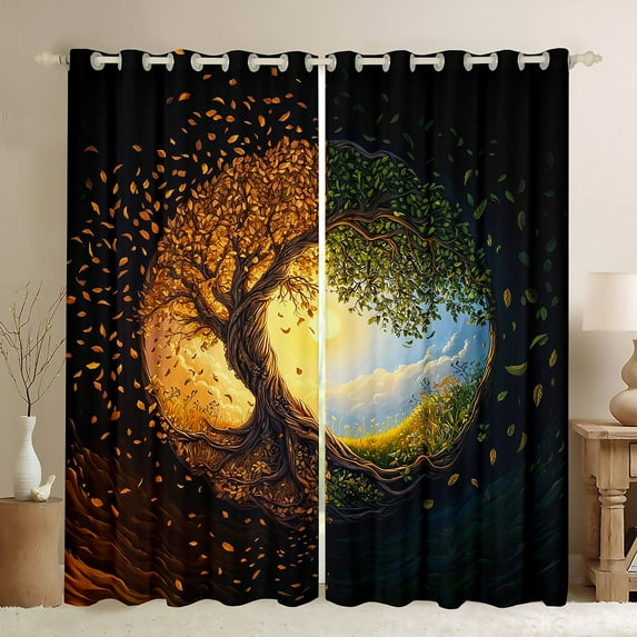 Manfei Gold Life Tree Black Out Curtains, Mystic Bohemian Plant Botanical Curtains Pack of 2 (42x63 Each), Teen Kid Child Adult Bedroom Curtains, Window Curtains Room Decor