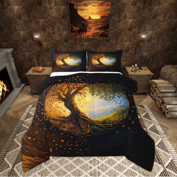 Manfei Gold Life Tree Full Size Comforter Sets, Mystic Bohemian Plant Botanical Bedding Comforter Set, Teen Kid Child Adult Reversible Bedding Sets, Super Cozy Room Decor, 3-Piece