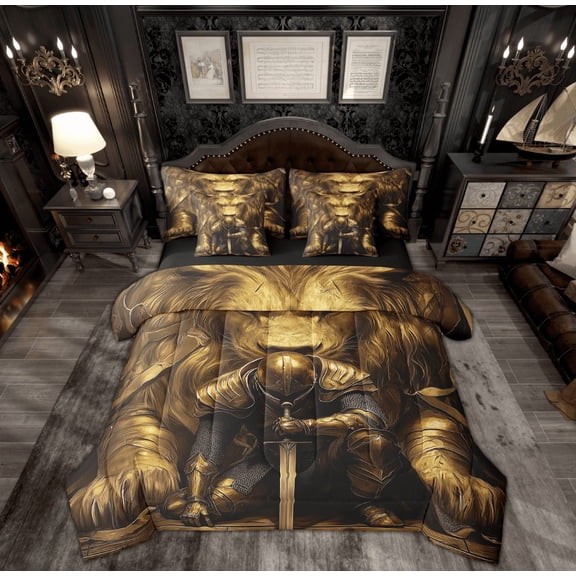 Manfei Gold Lion Bed in a Bag Full size, Retro Western Knight Bed Set, Anime Cartoon Reversible Bedding Full Size, Microfiber Bedroom Decor, 7pcs