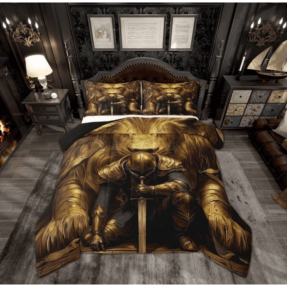Manfei Gold Lion Comforter Sets Queen Size, Retro Western Knight Comforters & Duvets, Anime Cartoon Reversible Bedding Queen Comforter Set, Microfiber Bedroom Decor, 3pcs