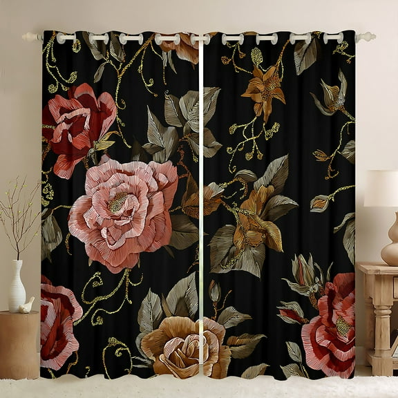 Manfei Gold Pink Floral Black Out Curtains for Girls, Embroidery Flower Curtains Pack of 2 (42x63 Each), Tropical Garden Blossoms Bedroom Curtains, Luxury Home Decor