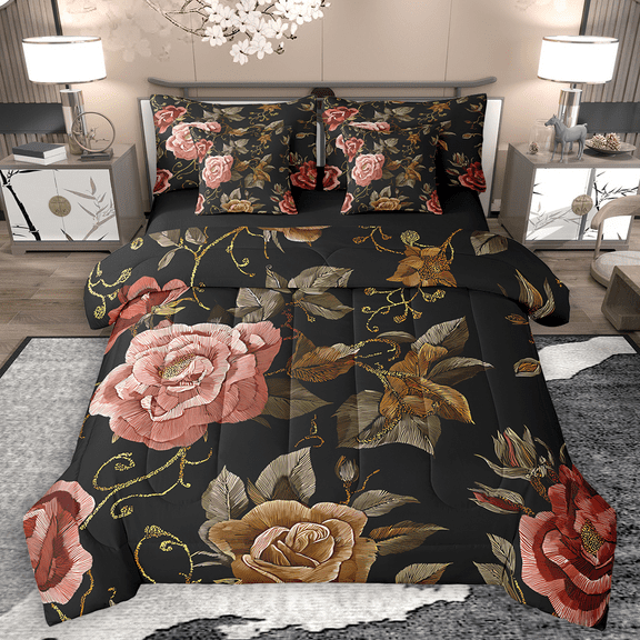 Manfei Gold Pink Floral Twin Bedding Sets 7pcs for Girls, Embroidery Flower Bedding Comforter Set, Tropical Garden Blossoms Sheet Sets, Breathable Home Decor