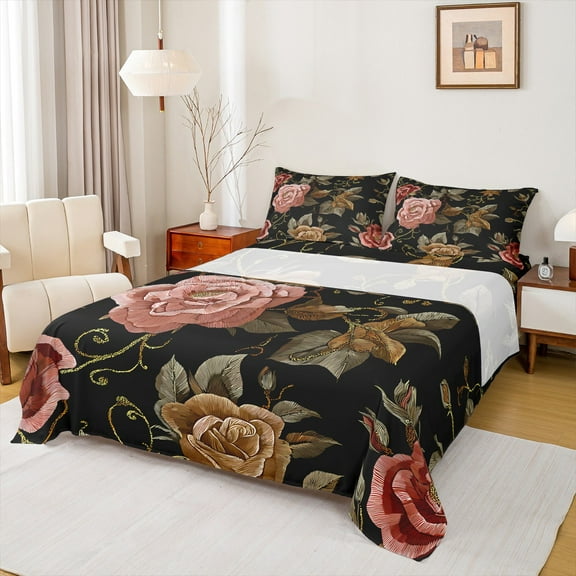 Manfei Gold Pink Floral Twin Sheet Sets 3pcs for Girls, Embroidery Flower Twin Fitted Sheet, Tropical Garden Blossoms Flat Sheet, Breathable Home Decor