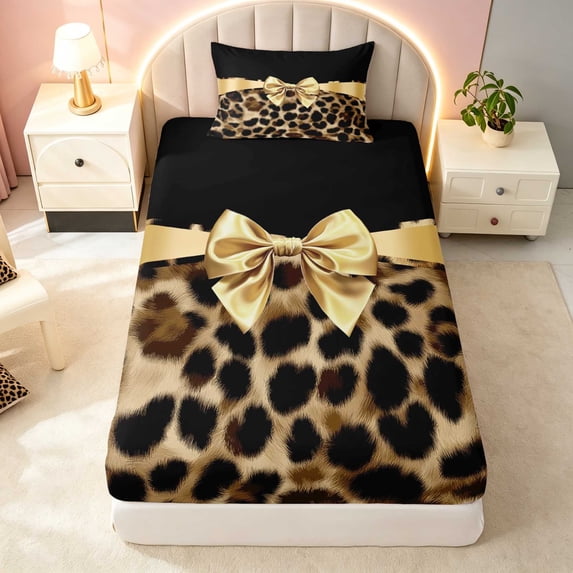 Gold Rbion Manfei Gold Ribbon Bow Twin Fitted Sheet, Leopard Satin Trim Bedding2 ...