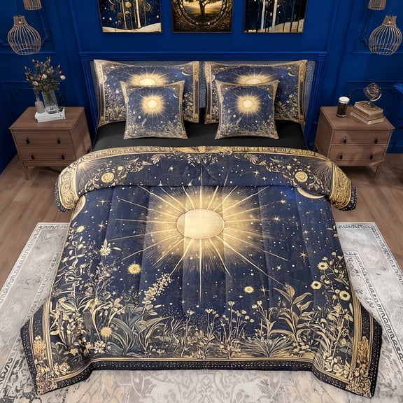Manfei Gold Sun 7-Piece Bedding Comforter Set,Retro Rustic Flower King Bedding Sets,Boho bohemian Exotic Bed Sheets For Teens,Super Cozy Room Decor Reversible