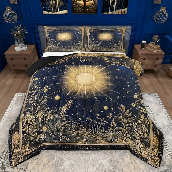 Manfei Gold Sun Bedding Comforter Set,Retro Rustic Flower Twin Comforter Sets,Boho bohemian Exotic Bedding Set For Teens,Super Cozy Room Decor Reversible,2-Piece
