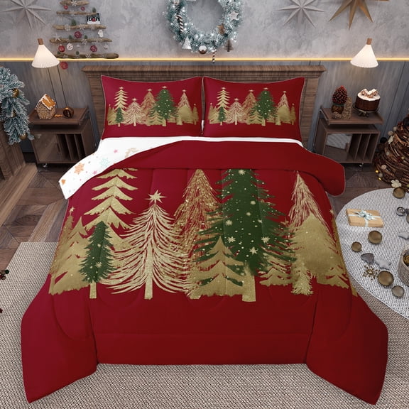 Manfei Gold Xmas Tree Bedding Comforter Set,Chic Glitter Print Twin Comforter Sets,Merry Christmas Bedding Set For Teens,Super Cozy Room Decor Reversible,2-Piece