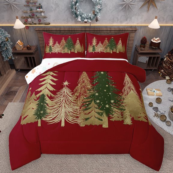 Manfei Gold Xmas Tree Full Size Comforter Sets,Chic Glitter Print Bedding Comforter Set,Merry Christmas Bedding Sets For Teens,Super Cozy Room Decor Reversible,3 Pieces