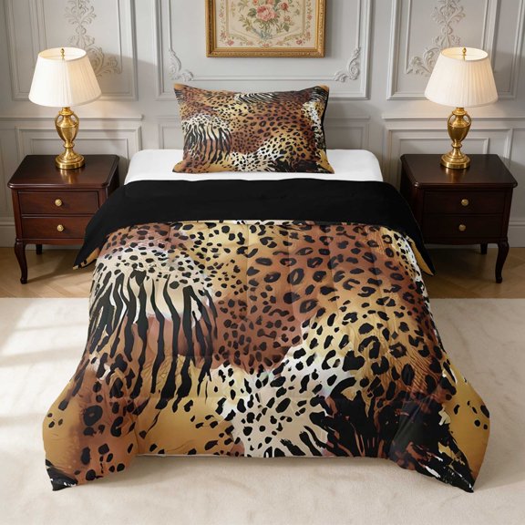 Manfei Gold Zebra Leopard Twin Comforter Sets, Tiger Stripe Blend Bedding Set, Black Reversible 2 Pieces 1 Comforter and 1 Pillowcase