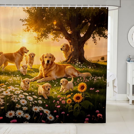 Manfei Golden Dog Family Shower Curtain 72Wx78L, Spring Floral Field Bath Curtain, Golden