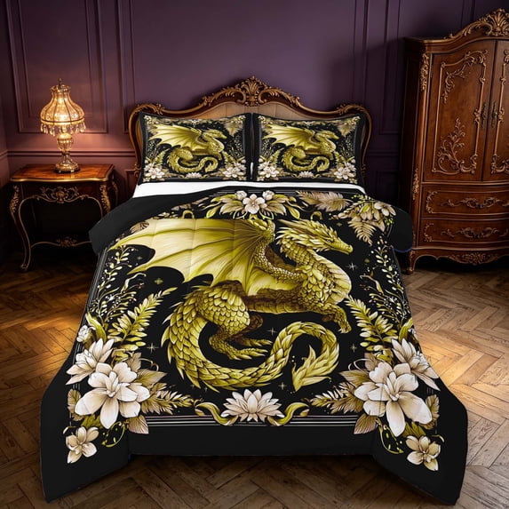 Manfei Golden Dragon Animals King Size Comforter Sets,Vintage Floral Comforters King Size,Brown,Black Reversible,3 Pieces,1 Comforter and 2 Pillowcases