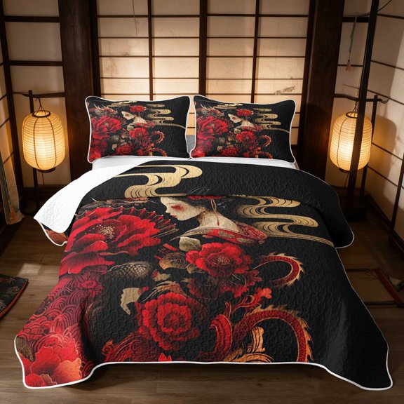 Manfei Golden Dragon Bed Spread Queen, Red Peony Geisha Queen Coverlet Set, 3pcs 1 Quilt and 2 Pillowcases