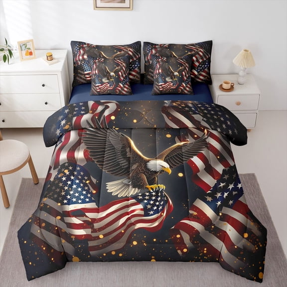 Manfei Golden Eagle Us Flag 7-Piece Twin Bedding,Red White Stripes Bedding Comforter Set,Navy Blue Reversible