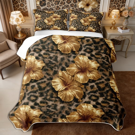 Manfei Golden Hibiscus Bed Spread Queen 3pcs,Animal Leopard Print Queen Coverlet Set,1 Quilt and 2 Pillowcases