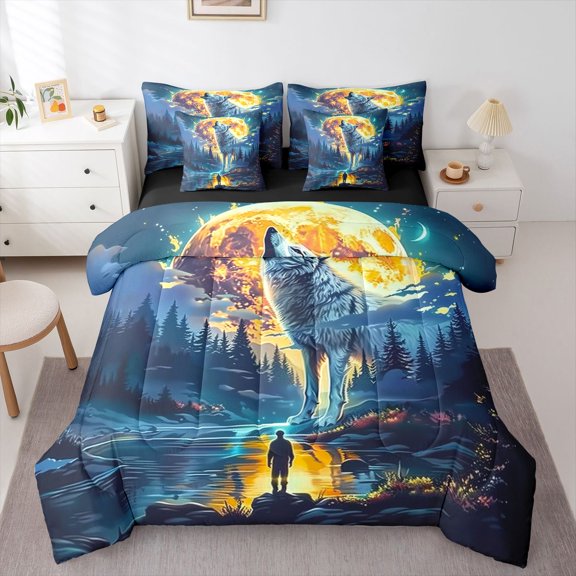Manfei Golden Moon 7pcs Queen Bedding,White Wolf Pattern Bedding Comforter Set Queen,Black Reversible
