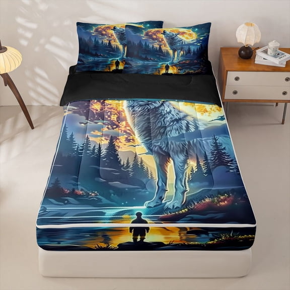 Manfei Golden Moon Zipper Twin Comforter Sets with Fitted Sheet and 2 Pillowcases,White Wolf Pattern Zipper Bedding Set,Black Reversible,4pcs