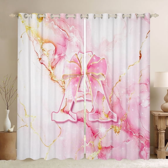 Manfei Golden Pink Bow Kitchen Curtains,Girls Personalized Letter A Black Out Curtains Pack of 2 (42x63 Each)