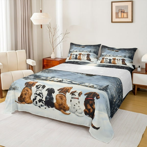 Manfei Golden Retriever Dalmatian Twin Sheet Sets, Christmas Santa Claus Twin Fitted Sheet, Winter Snow Flat Sheet, Super Cozy Room Decor 3pcs