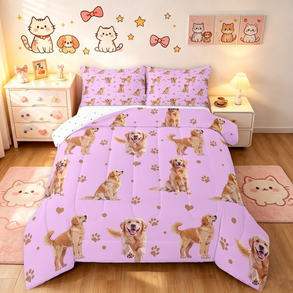 Manfei Golden Retriever Queen Comforter Set, Dog Paw Print Comforter Sets Queen, Light Pink Gold, Reversible, 3pcs, 1 Comforter and 2 Pillowcases