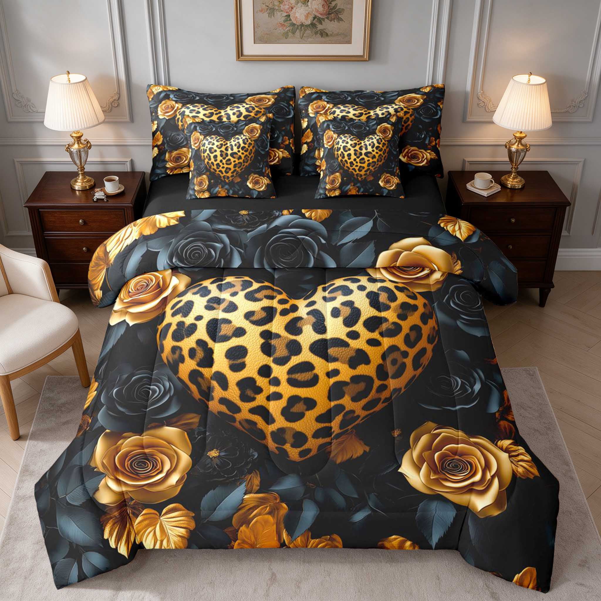 Goldish Roses Manfei Golden Rose Heart Queen Bedding, Dark Bloom Leopard Bedding ...