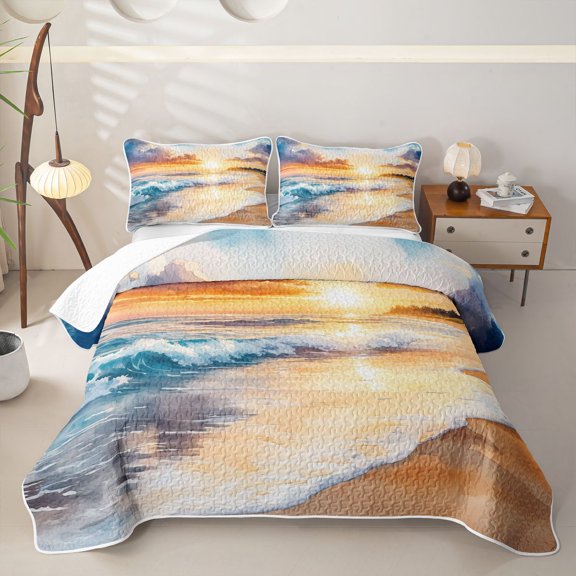 Manfei Golden Sunset Bed Spread Queen,Ocean Beach Themed Queen Coverlet Set,3pcs
