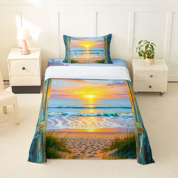 Manfei Golden Sunset Twin Sheets,Calm Sand Bedding,Yellow Blue,3-Piece,1 Fitted Sheet and 1 Pillowcase