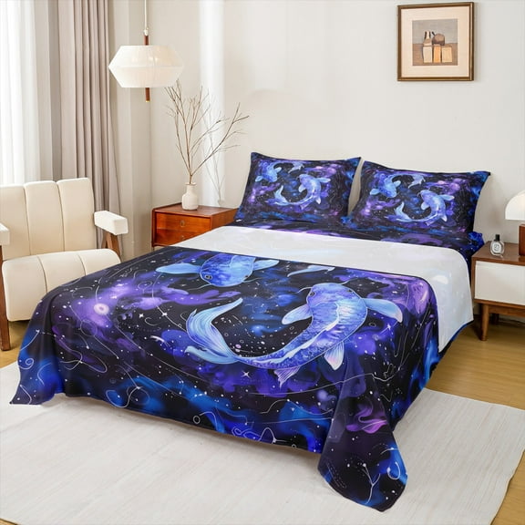 Manfei Goldfish Bed Sheets,Constellation Horoscope King Sheets,Purple Blue Ombre Sheet Set For Girls Boys,Luxury Bedroom Decor,4 Pieces