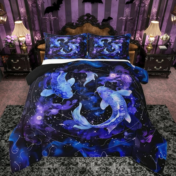 Manfei Goldfish Bedding Comforter Set,Constellation Horoscope Twin Comforter Sets,Purple Blue Ombre Bedding Set For Girls Boys,Luxury Bedroom Decor Reversible,2 Pieces