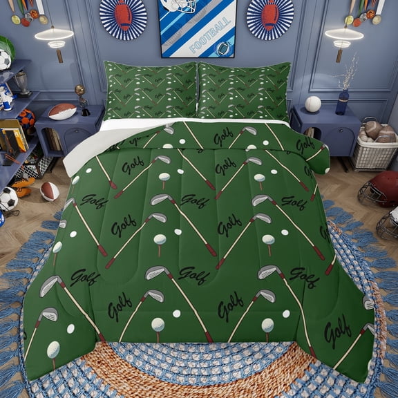 Manfei Golf Ball Game Bedding Comforter Set,Teens Sport Theme Twin Comforter Sets,Green Gray Bedding Set For Boys Kids,Luxury Bedroom Decor Reversible,2pcs