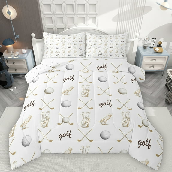 Manfei Golf Ball Sport Full Size Comforter Sets,Gamer Gaming Bedding Comforter Set,White Brown Bedding Sets For Kids,Luxury Bedroom Decor Reversible,3 Pieces
